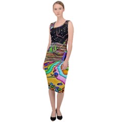 Nature Moon Psychedelic Painting Sleeveless Pencil Dress by Sarkoni