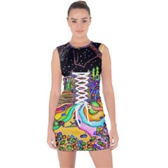 Nature Moon Psychedelic Painting Lace Up Front Bodycon Dress by Sarkoni