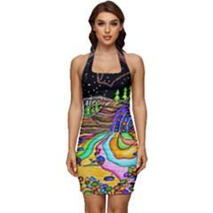 Nature Moon Psychedelic Painting Sleeveless Wide Square Neckline Ruched Bodycon Dress