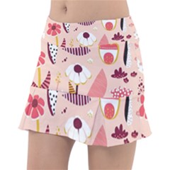Scandinavian Flat Floral Background Coral Pink White Black Gold Pattern Classic Tennis Skirt by Sarkoni