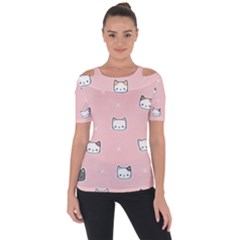 Cute Cat Cartoon Doodle Seamless Pink Pattern Shoulder Cut Out Short Sleeve Top by Grandong
