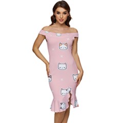 Cute Cat Cartoon Doodle Seamless Pink Pattern Off Shoulder Ruffle Split Hem Bodycon Dress by Grandong