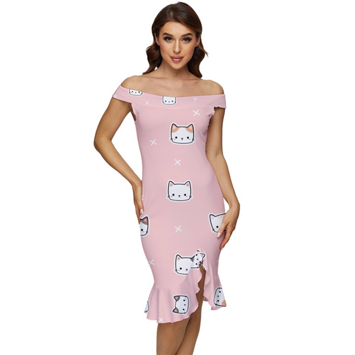 Cute Cat Cartoon Doodle Seamless Pink Pattern Off Shoulder Ruffle Split Hem Bodycon Dress