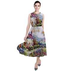 Colorful Cottage River Colorful House Landscape Garden Beautiful Painting Round Neck Boho Dress by Grandong