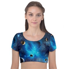 3d Universe Space Star Planet Velvet Short Sleeve Crop Top  by Grandong