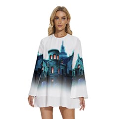 Blue Castle Halloween Horror Haunted House Round Neck Long Sleeve Bohemian Style Chiffon Mini Dress by Sarkoni