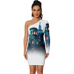 Blue Castle Halloween Horror Haunted House Long Sleeve One Shoulder Mini Dress by Sarkoni