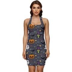 Halloween Bat Pattern Sleeveless Wide Square Neckline Ruched Bodycon Dress by Ndabl3x