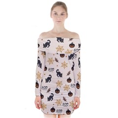 Cat Halloween Pattern Long Sleeve Off Shoulder Dress by Ndabl3x
