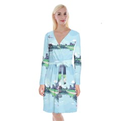 Japanese Themed Pixel Art The Urban And Rural Side Of Japan Long Sleeve Velvet Front Wrap Dress by Sarkoni