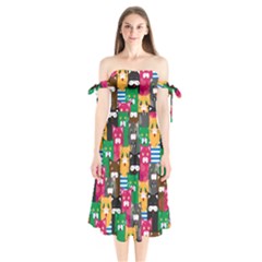 Cats Funny Colorful Pattern Texture Shoulder Tie Bardot Midi Dress by Grandong
