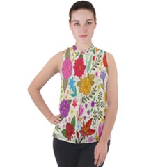Colorful Flower Abstract Pattern Mock Neck Chiffon Sleeveless Top by Grandong