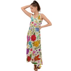 Colorful Flower Abstract Pattern V-neck Chiffon Maxi Dress by Grandong