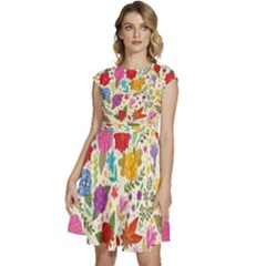 Colorful Flower Abstract Pattern Cap Sleeve High Waist Dress by Grandong