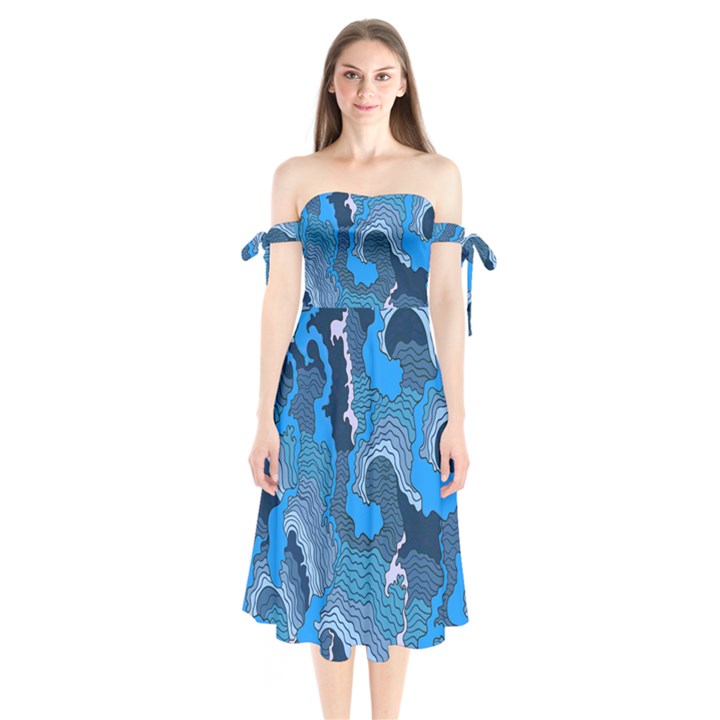 Blue Moving Texture Abstract Texture Shoulder Tie Bardot Midi Dress
