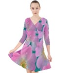 Pink Neon Flowers, Flower Quarter Sleeve Front Wrap Dress