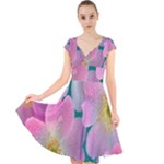 Pink Neon Flowers, Flower Cap Sleeve Front Wrap Midi Dress