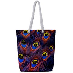 Peacock-feathers,blue,yellow Full Print Rope Handle Tote (small) by nateshop