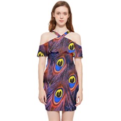Peacock-feathers,blue,yellow Shoulder Frill Bodycon Summer Dress by nateshop