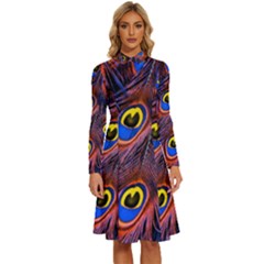 Peacock-feathers,blue,yellow Long Sleeve Shirt Collar A-line Dress by nateshop