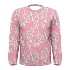 Pink Texture With White Flowers, Pink Floral Background Men s Long Sleeve T-shirt by nateshop