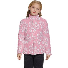 Pink Texture With White Flowers, Pink Floral Background Kids  Puffer Bubble Jacket Coat by nateshop
