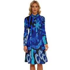 Really Cool Blue, Unique Blue Long Sleeve Shirt Collar A-line Dress by nateshop