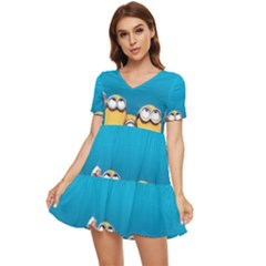 Minions, Blue, Cartoon, Cute, Friends Tiered Short Sleeve Babydoll Dress by nateshop