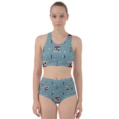Seamless Pattern With Festive Christmas Houses Trees In Snow And Snowflakes Racer Back Bikini Set by Grandong