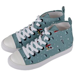 Seamless Pattern With Festive Christmas Houses Trees In Snow And Snowflakes Women s Mid-top Canvas Sneakers by Grandong