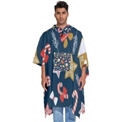 New Year Christmas Winter Pattern Men s Hooded Rain Ponchos by Grandong