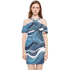 Abstract Blue Ocean Wave Shoulder Frill Bodycon Summer Dress by Jack14