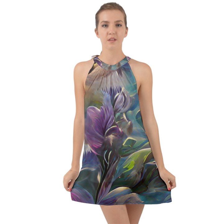 Abstract Blossoms  Halter Tie Back Chiffon Dress