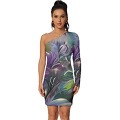 Abstract Blossoms  Long Sleeve One Shoulder Mini Dress by Internationalstore