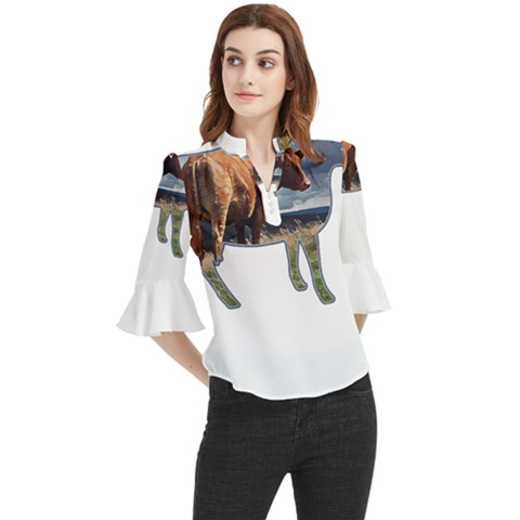 Brown Cow T- Shirt Brown Cow Painting Within A Cow Silhouette Outline T- Shirt Yoga Reflexion Pose T- Shirtyoga Reflexion Pose T- Shirt Loose Horn Sleeve Chiffon Blouse by hizuto