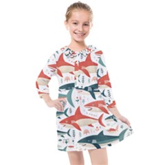 Fish Shark Animal Pattern Kids  Quarter Sleeve Shirt Dress by Pakjumat