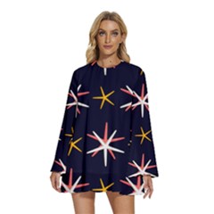 Starfish Round Neck Long Sleeve Bohemian Style Chiffon Mini Dress