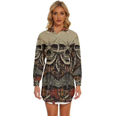 Gray And Multicolored Skeleton Illustration Womens Long Sleeve Shirt Dress by uniart180623