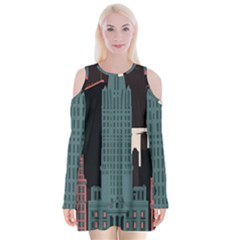 New York City Nyc Skyline Cityscape Velvet Long Sleeve Shoulder Cutout Dress by uniart180623