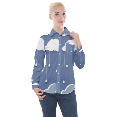 Clouds Rain Paper Raindrops Weather Sky Raining Women s Long Sleeve Pocket Shirt by uniart180623