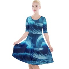 Moonlight High Tide Storm Tsunami Waves Ocean Sea Quarter Sleeve A-line Dress by uniart180623