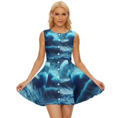 Moonlight High Tide Storm Tsunami Waves Ocean Sea Sleeveless Button Up Dress by uniart180623