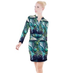 Waterfall Jungle Nature Paper Craft Trees Tropical Button Long Sleeve Dress by uniart180623