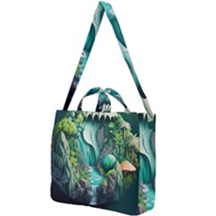 Waterfall Jungle Nature Paper Craft Trees Tropical Square Shoulder Tote Bag by uniart180623