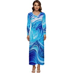 Tsunami Waves Ocean Sea Nautical Nature Water Long Sleeve Longline Maxi Dress by uniart180623