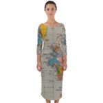 Vintage World Map Quarter Sleeve Midi Bodycon Dress
