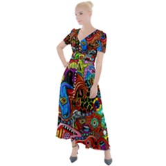 Art Color Dark Detail Monsters Psychedelic Button Up Short Sleeve Maxi Dress by Ket1n9