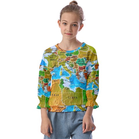 World Map Kids  Cuff Sleeve Top by Ket1n9
