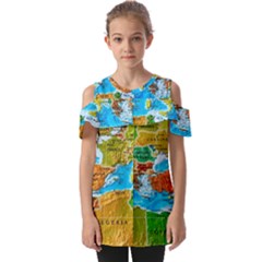 World Map Fold Over Open Sleeve Top by Ket1n9