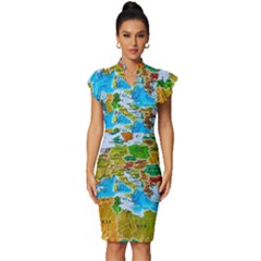 World Map Vintage Frill Sleeve V-neck Bodycon Dress by Ket1n9